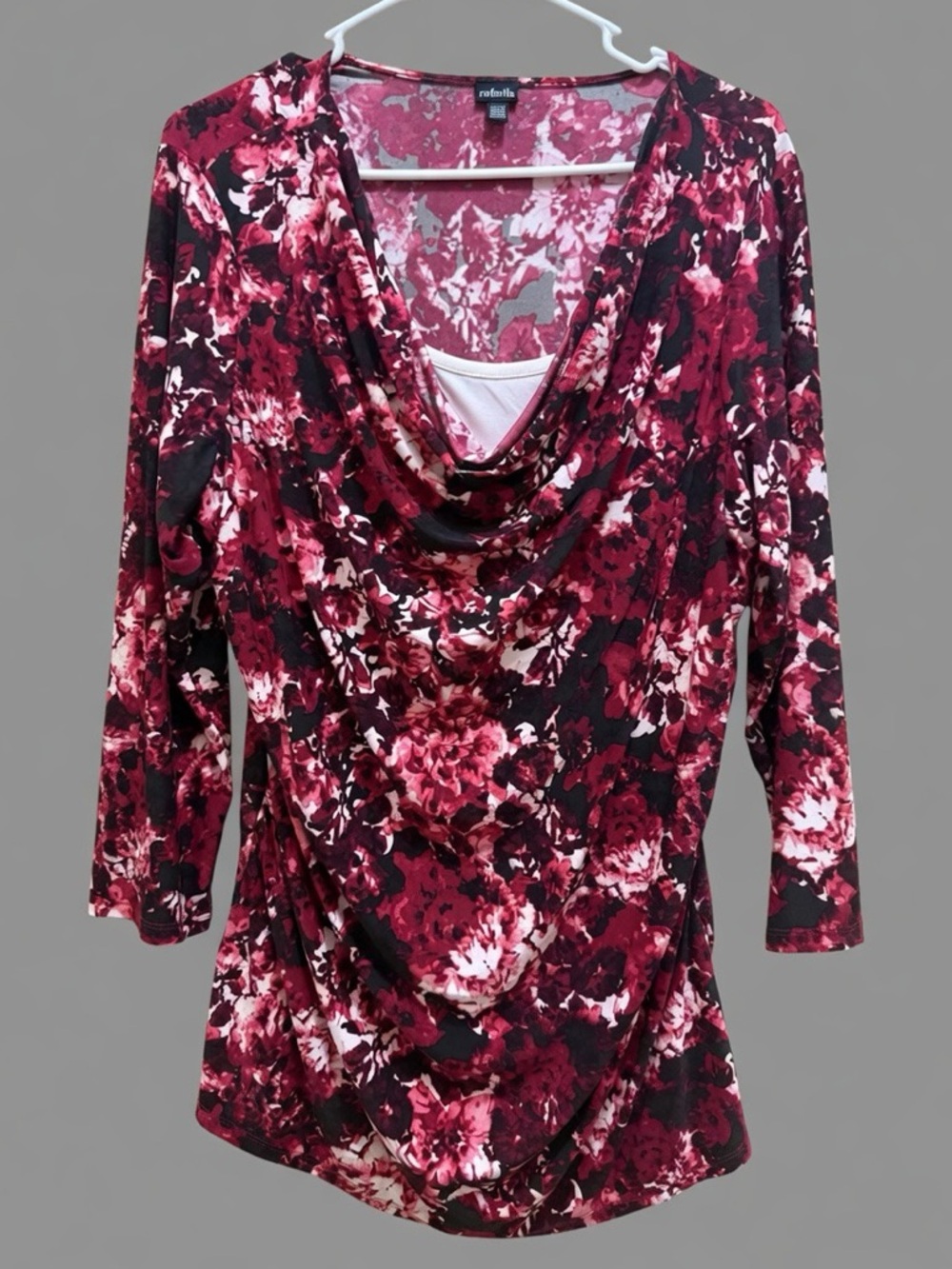 Rafaella XL Cowl Neck Draped Floral Top 3/4 Sleeve Red Black